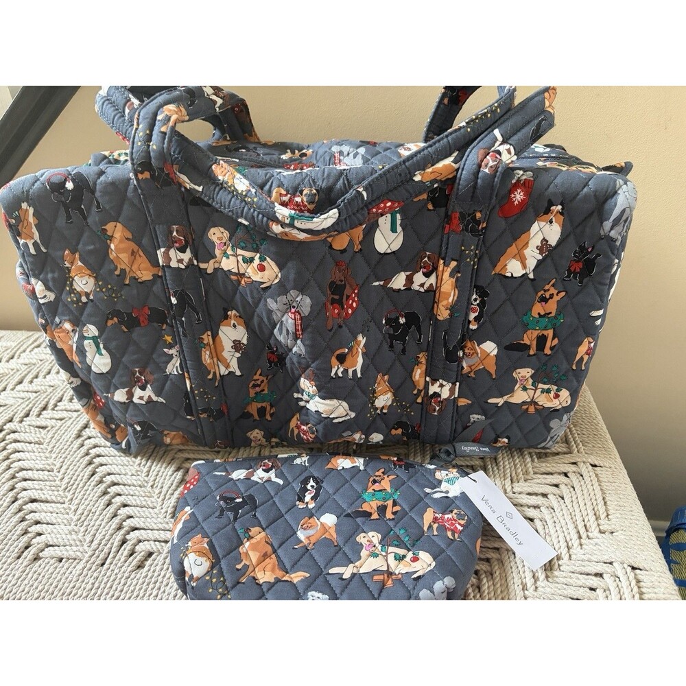 Vera Bradley Holiday DOGS Christmas Travel Bundle Duffel Bag & Cosmetic bag NWT